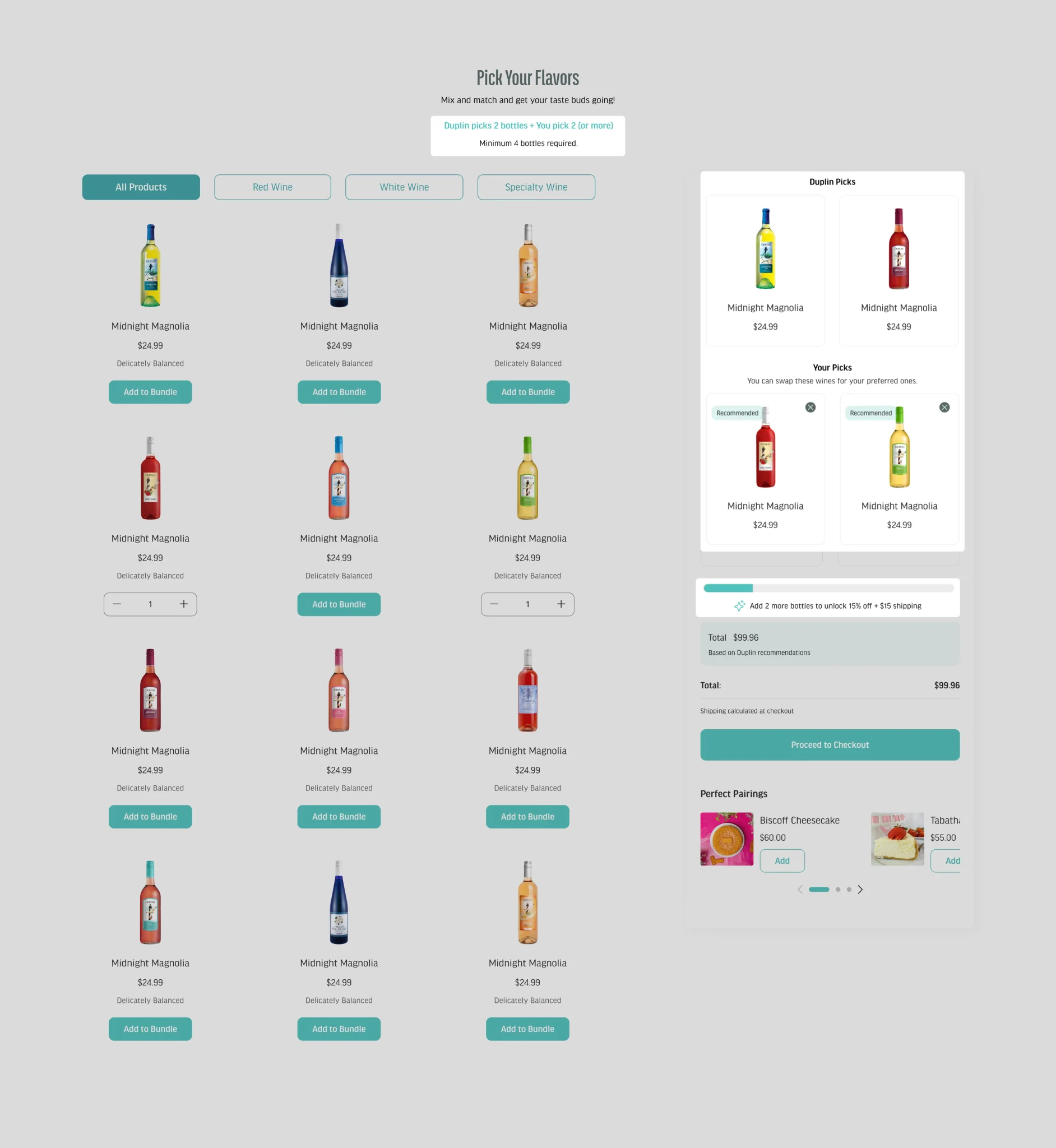 Pick Your Flavours page with a wine grid and a bundle summary panel