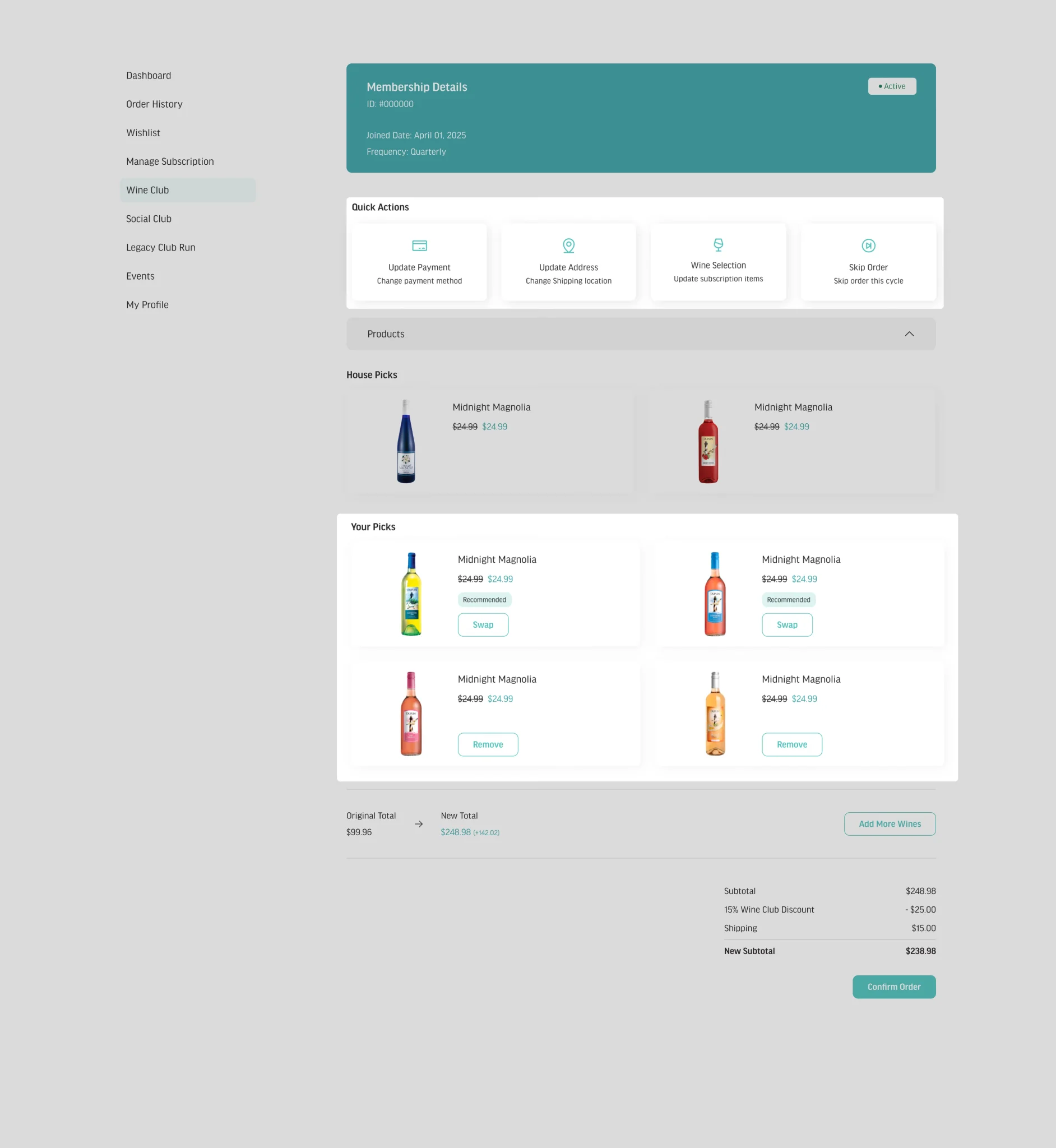 Account view for managing a Wine Club membership with quick actions and upcoming bottles