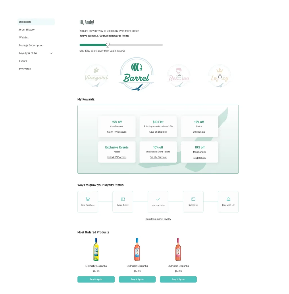 Desktop account dashboard with tier progress, rewards, ways to grow status and recent products