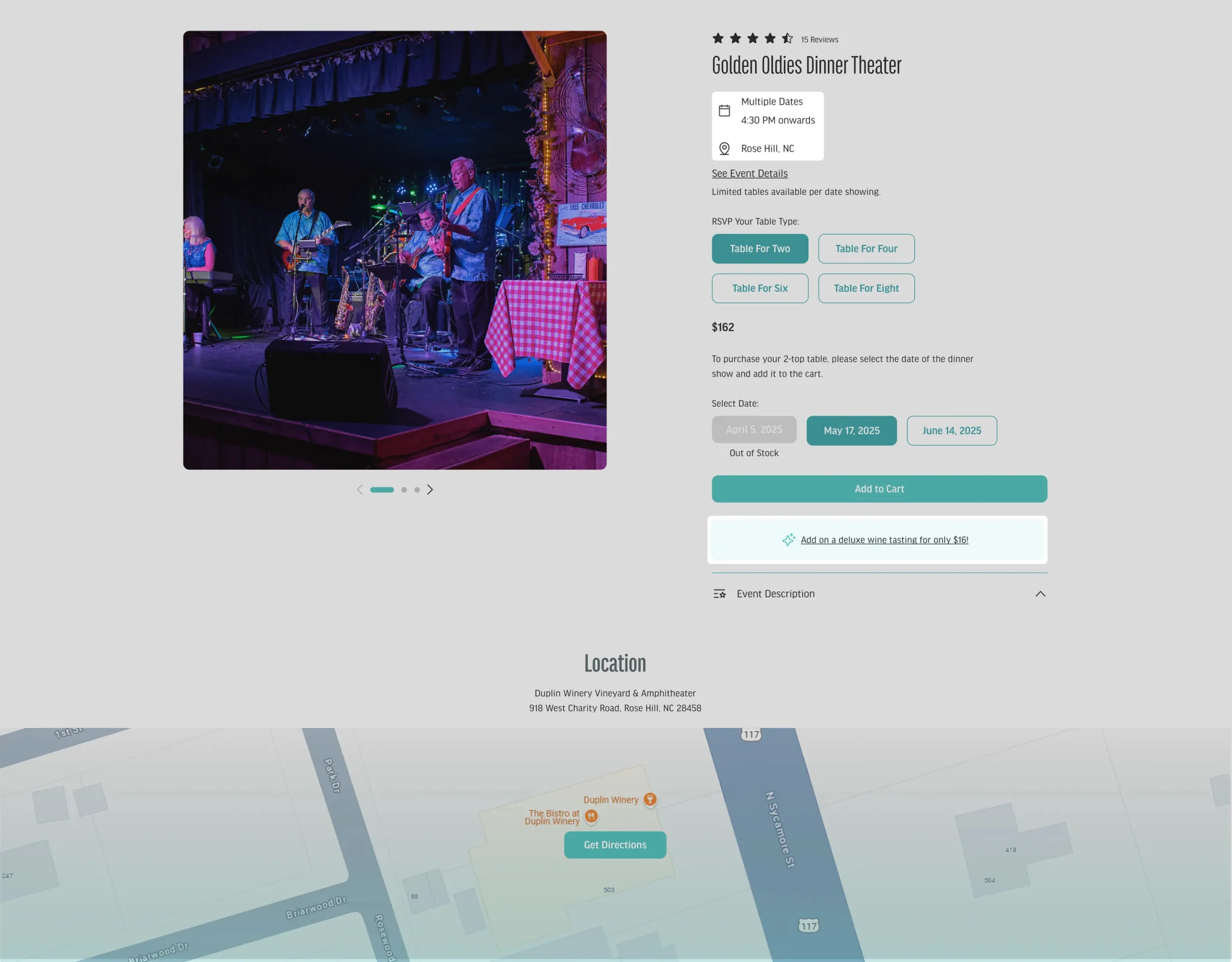 Event detail page with dates, table options and a location map