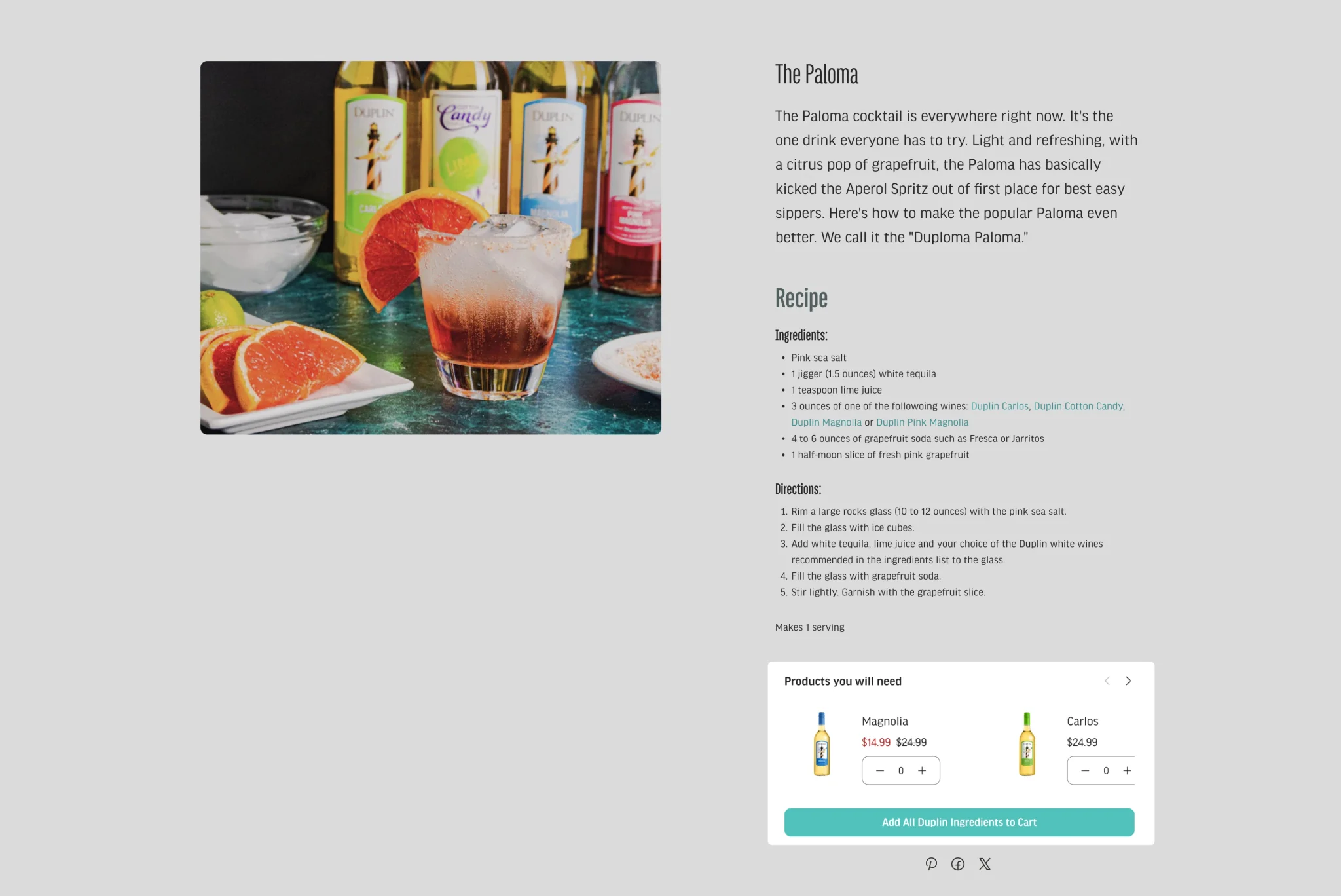 Recipe page for The Paloma with the wines used available to add to cart