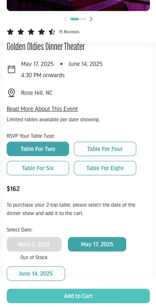 Mobile event page for the Golden Oldies Dinner Theater