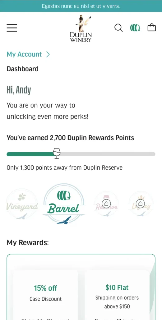 Mobile account dashboard greeting the member with points and rewards