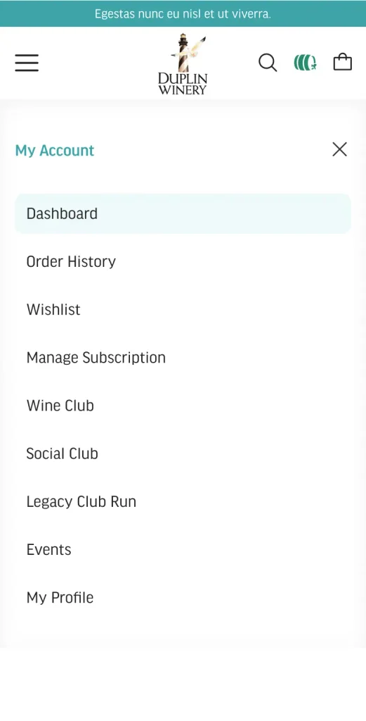 Mobile account menu listing dashboard, orders, wishlist, subscriptions, clubs, events and profile