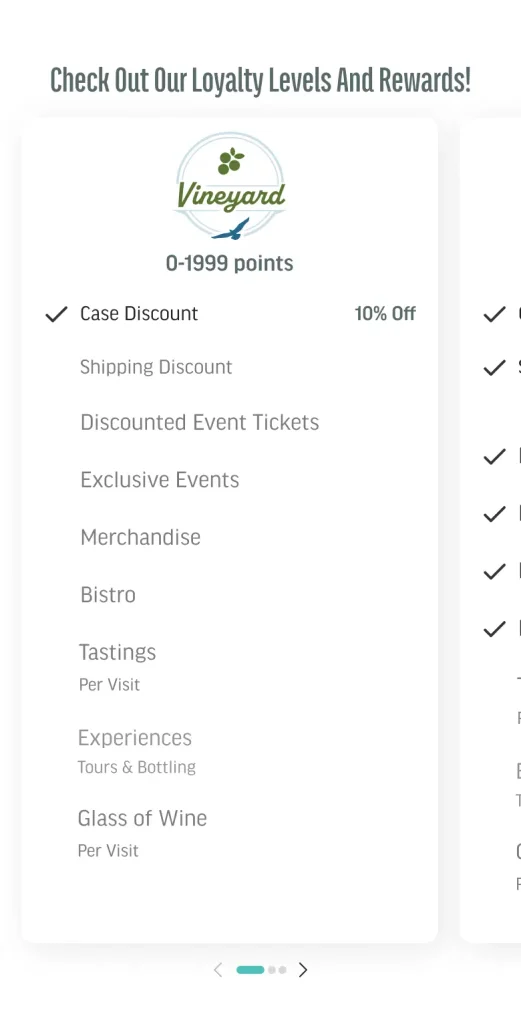 Mobile loyalty level card listing perks for the Vineyard tier