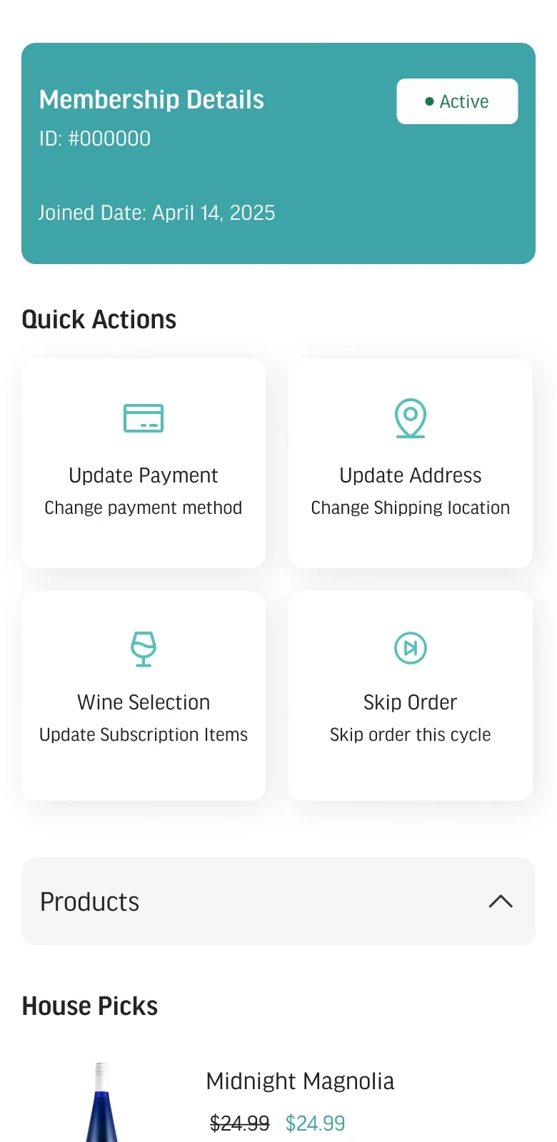 Mobile membership details with quick actions to update payment, address and wine selection