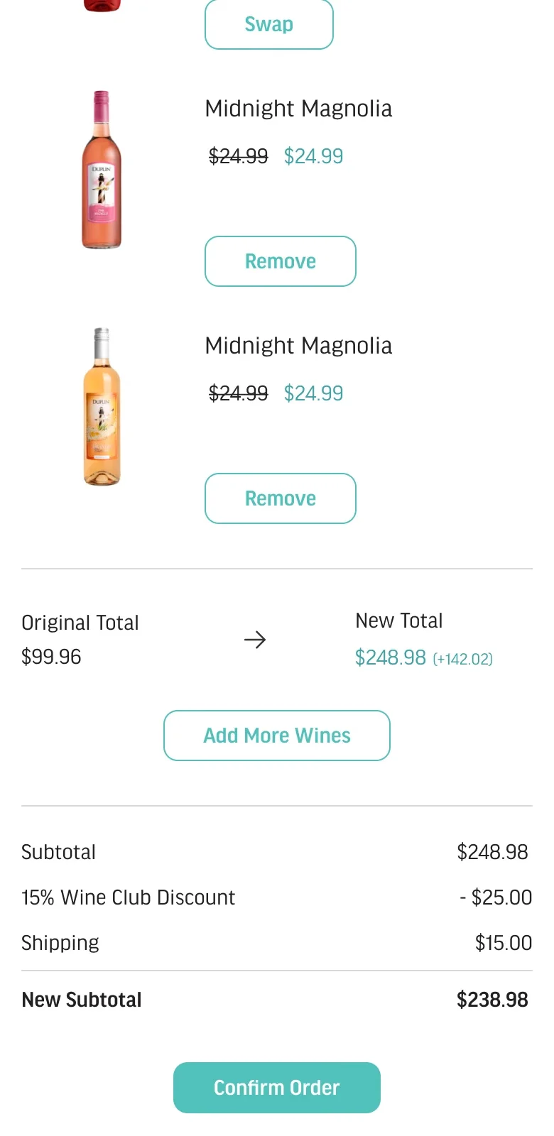 Mobile shipment edit showing original and new total with the Wine Club discount