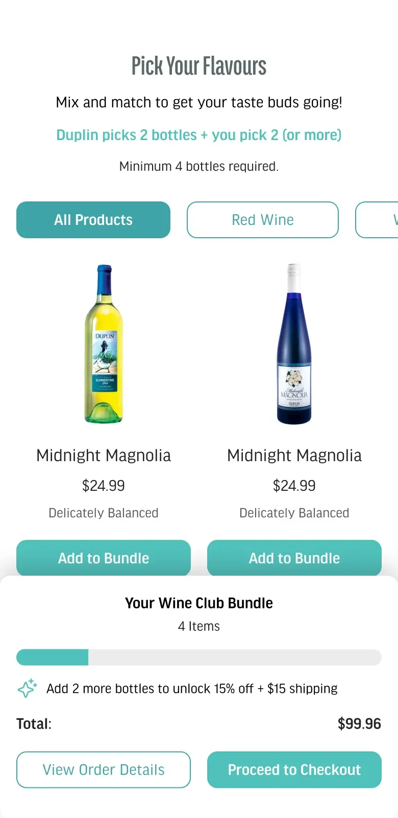 Mobile Pick Your Flavours with a prompt to add 2 more bottles to unlock 15% off