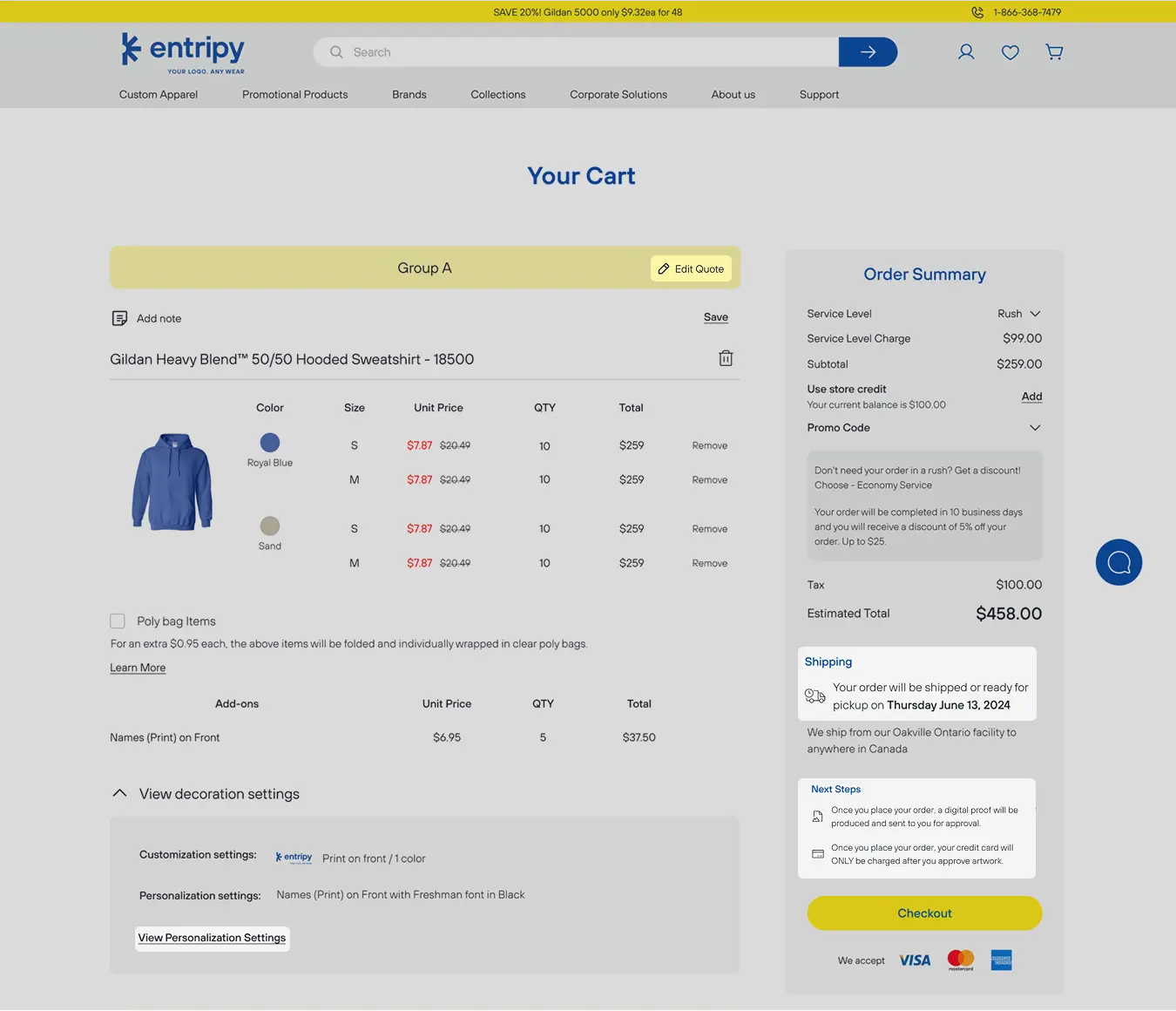 Redesigned cart with grouped items, order summary, shipping date and next steps