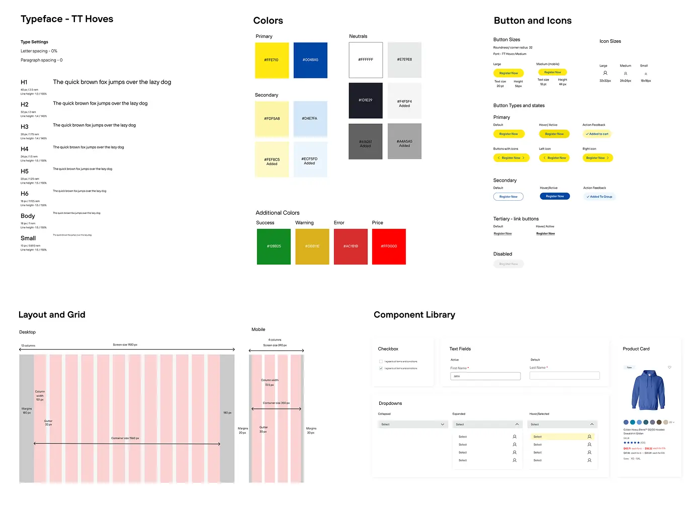 Design guide covering typeface, colors, buttons and icons, layout grid and component library
