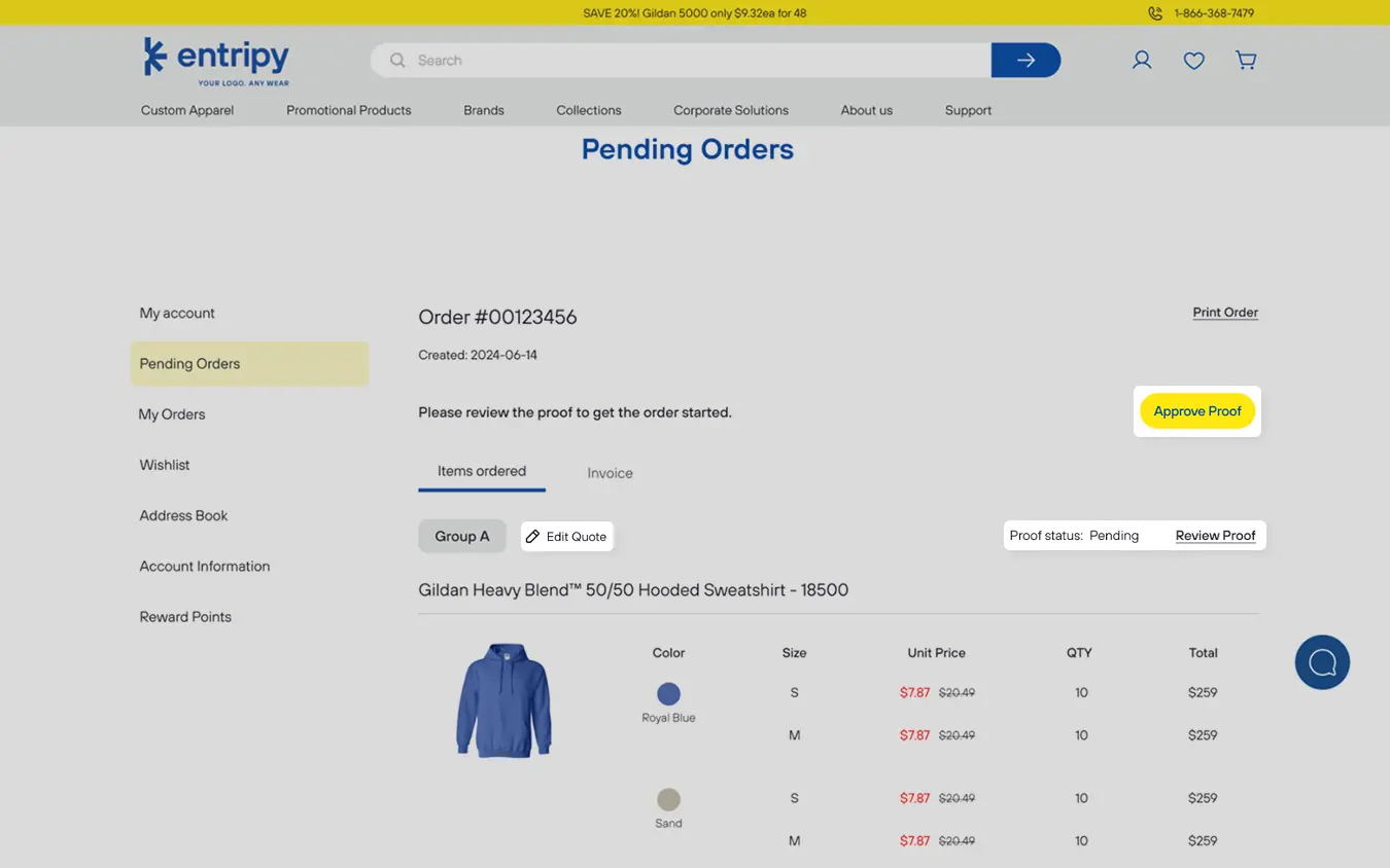Order detail page prompting the customer to review and approve the proof