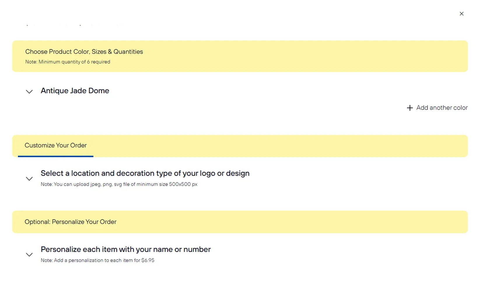 Order form divided into select item, customize and personalize sections