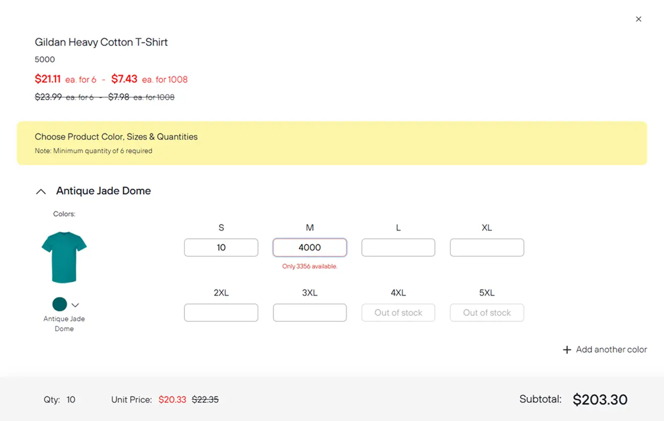 Order form with size and quantity inputs, dynamic pricing and an inventory message