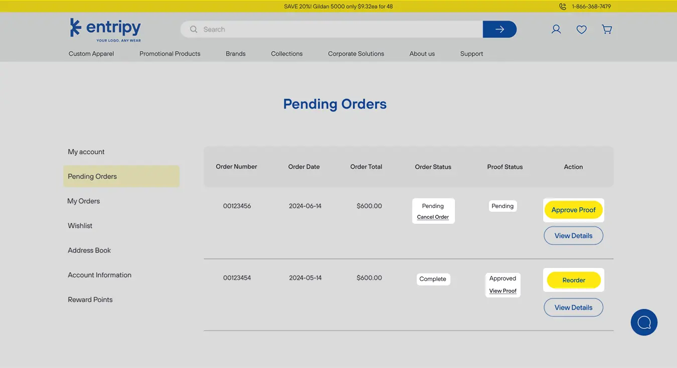 Pending orders list with order and proof status and approve proof actions