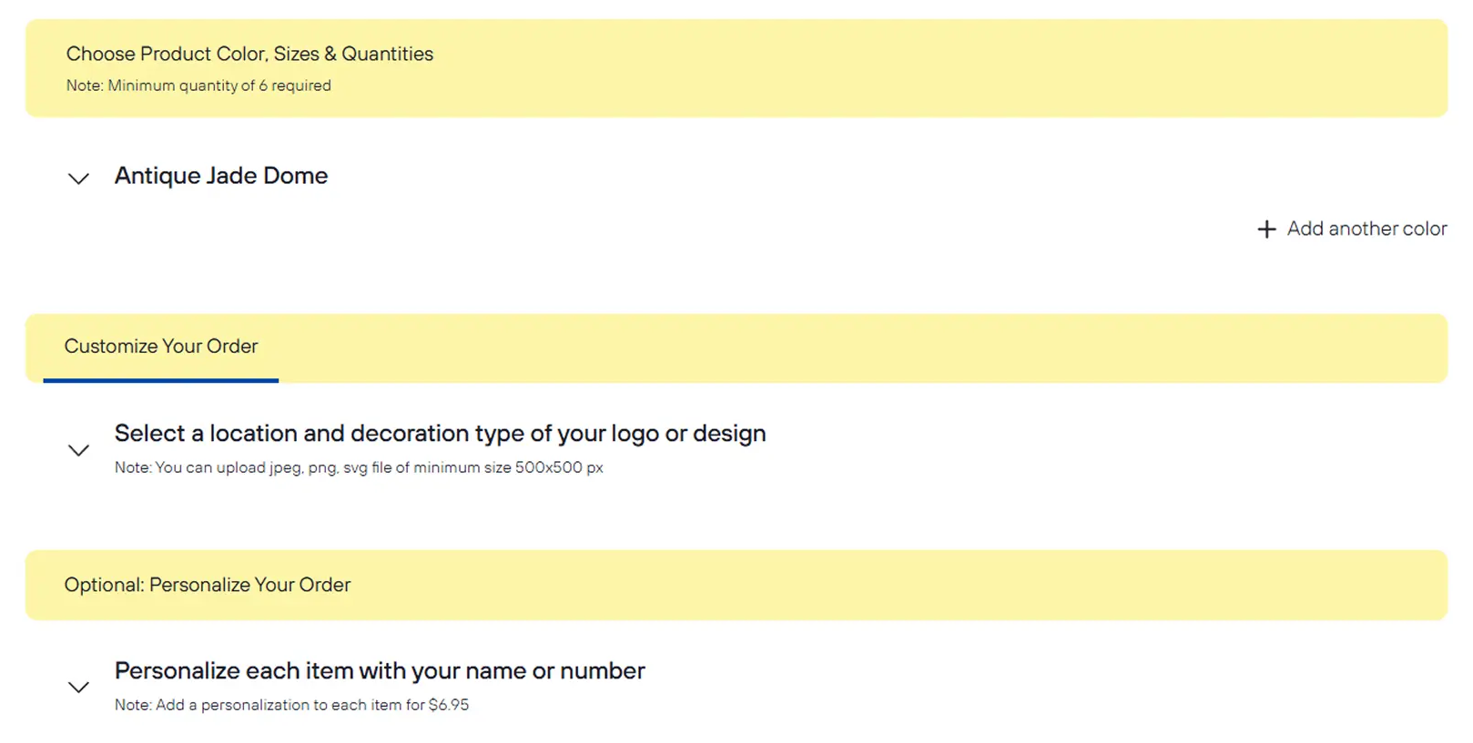 Order form split into three steps: choose colors and sizes, customize, personalize