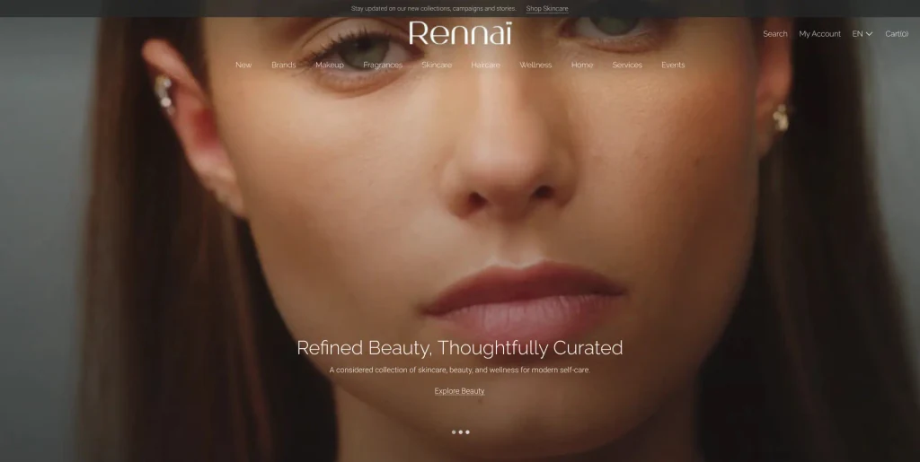 Rennai homepage with a close-up portrait and the headline Refined Beauty, Thoughtfully Curated