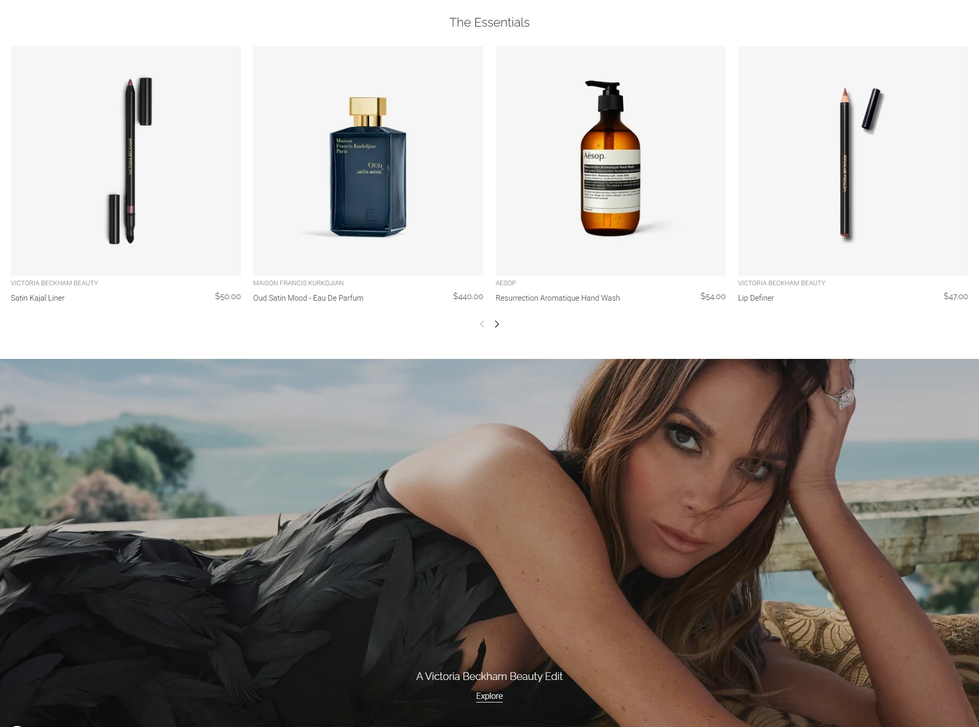 Rennai product carousel, The Essentials, above a Victoria Beckham Beauty banner
