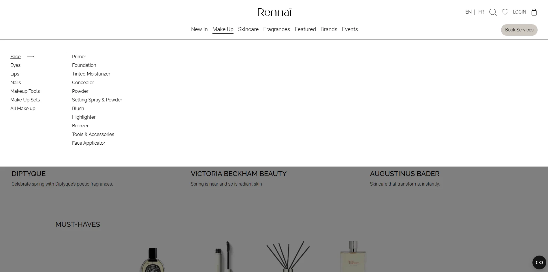 Old Make Up mega menu with long text lists and no imagery