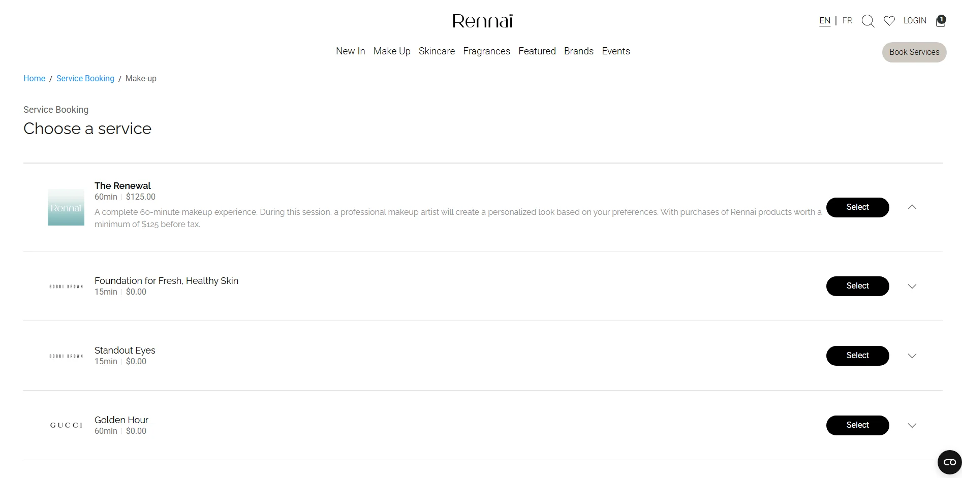 Old service list with a logo, name, time, price and a Select button per row