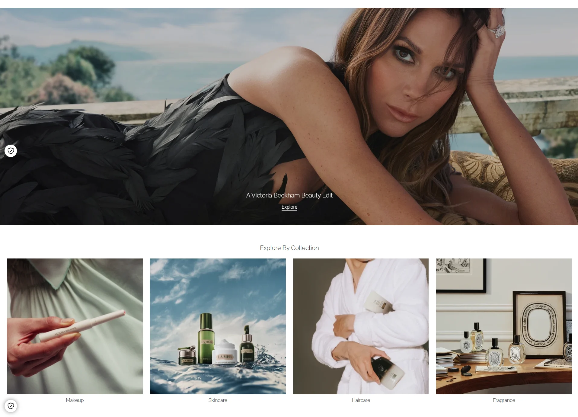 New homepage with a full-width Victoria Beckham Beauty campaign above four Explore by Collection tiles