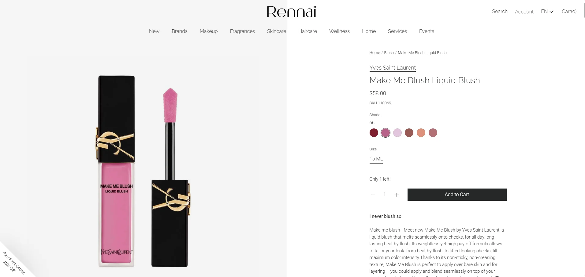 New product page for YSL Make Me Blush with a large product image beside brand, price, shades and add to cart