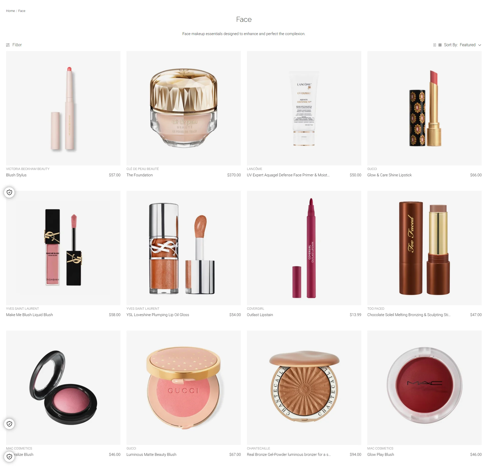 New Face category listing with large product tiles, brand, name and price