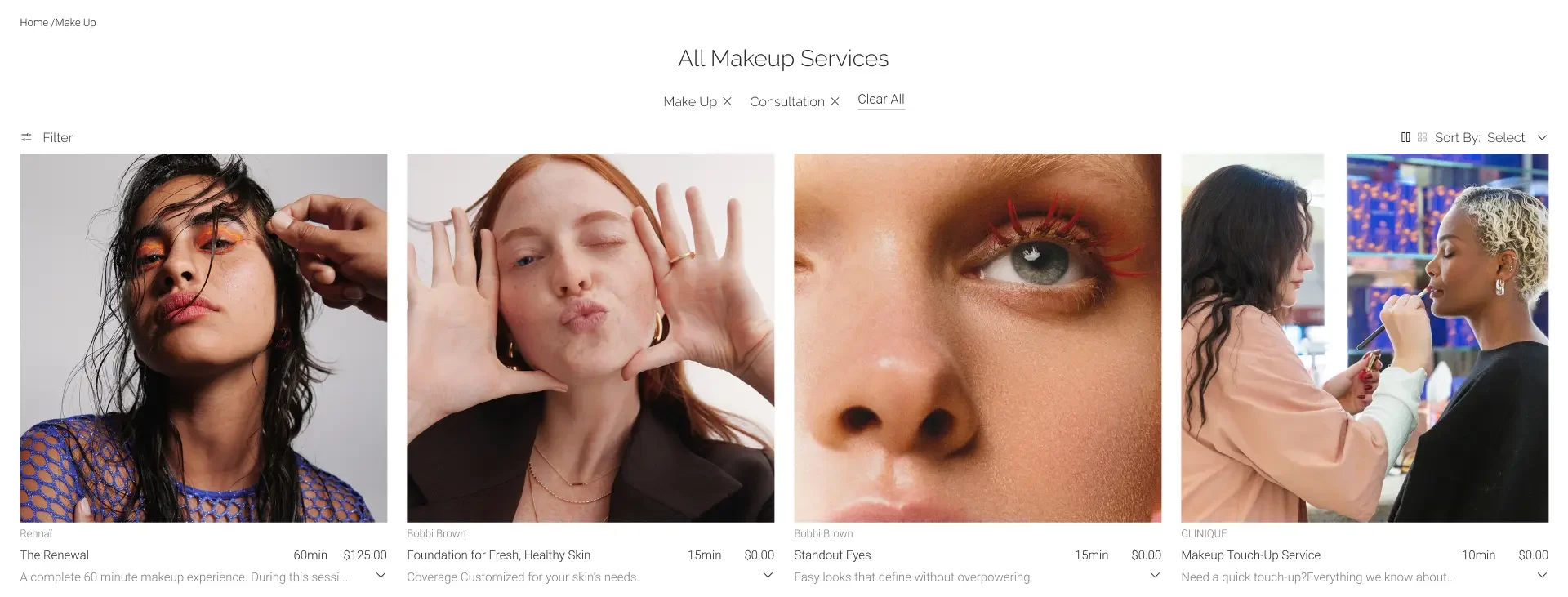 New All Makeup Services page with filters and four image-led service cards