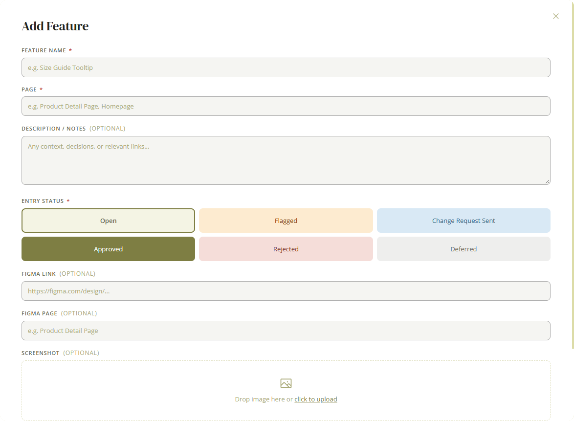 ScopeGuard Add Feature form with six status options and Figma fields