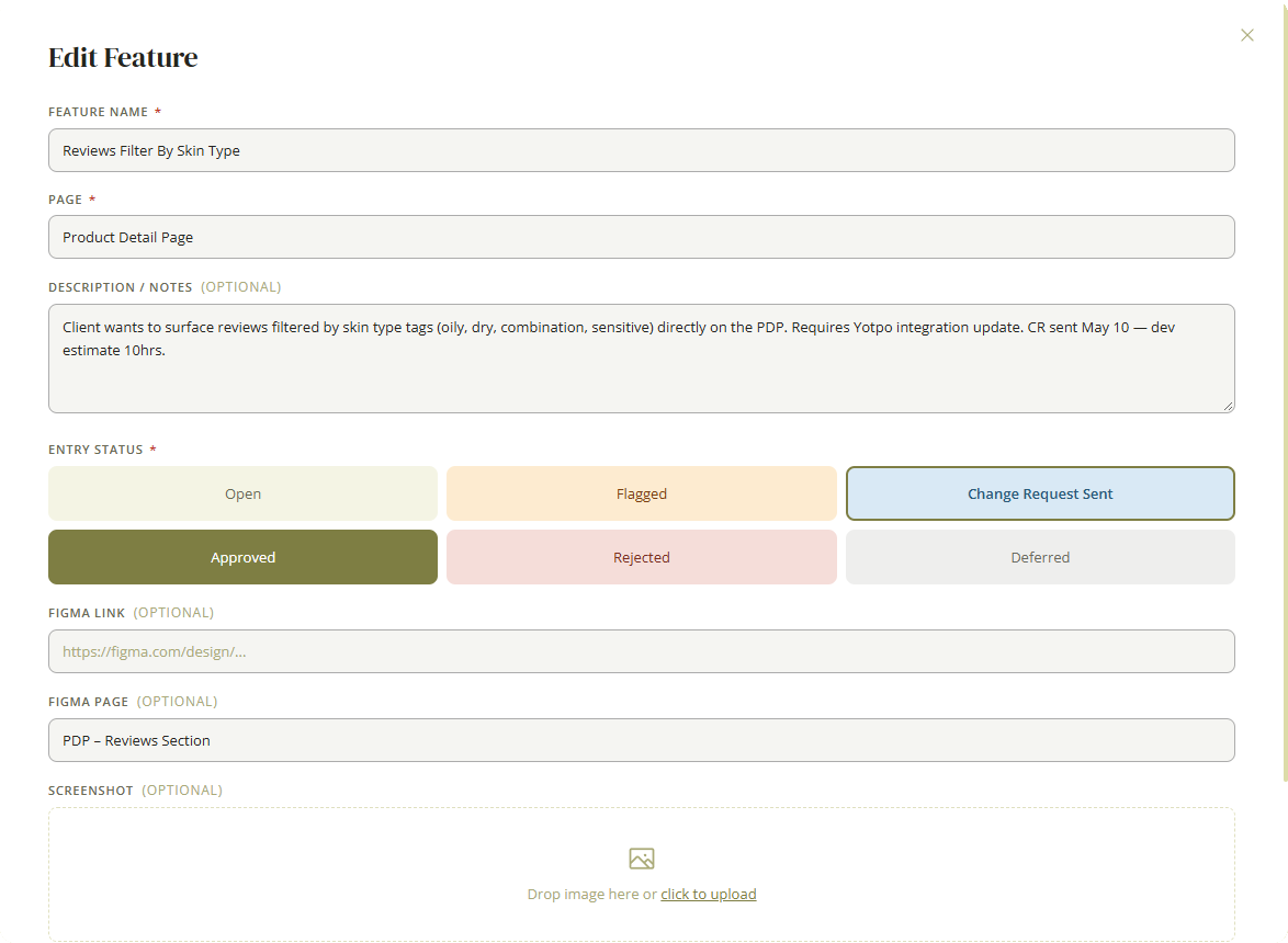 Edit feature form with name, page, notes, six status options and Figma fields