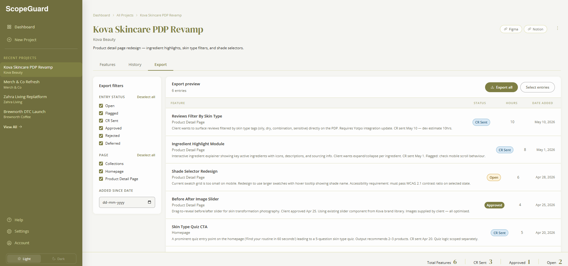 Export tab with filters for status, page and date on the left and a preview of entries with hours on the right