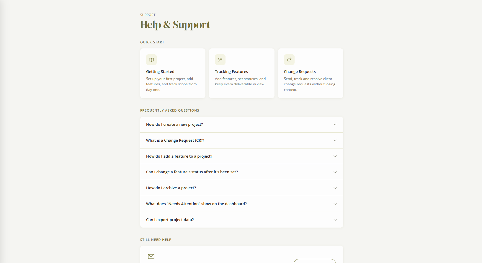 Help and support page with quick start cards and frequently asked questions