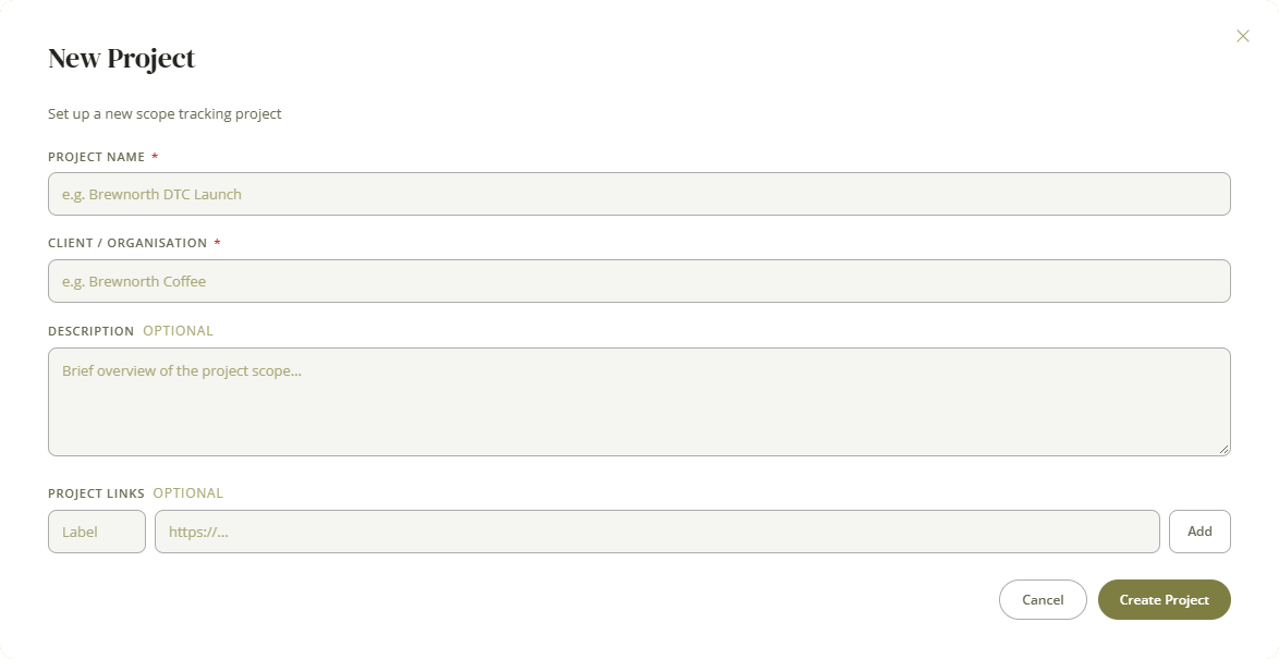 New project form with project name, client, description and project links