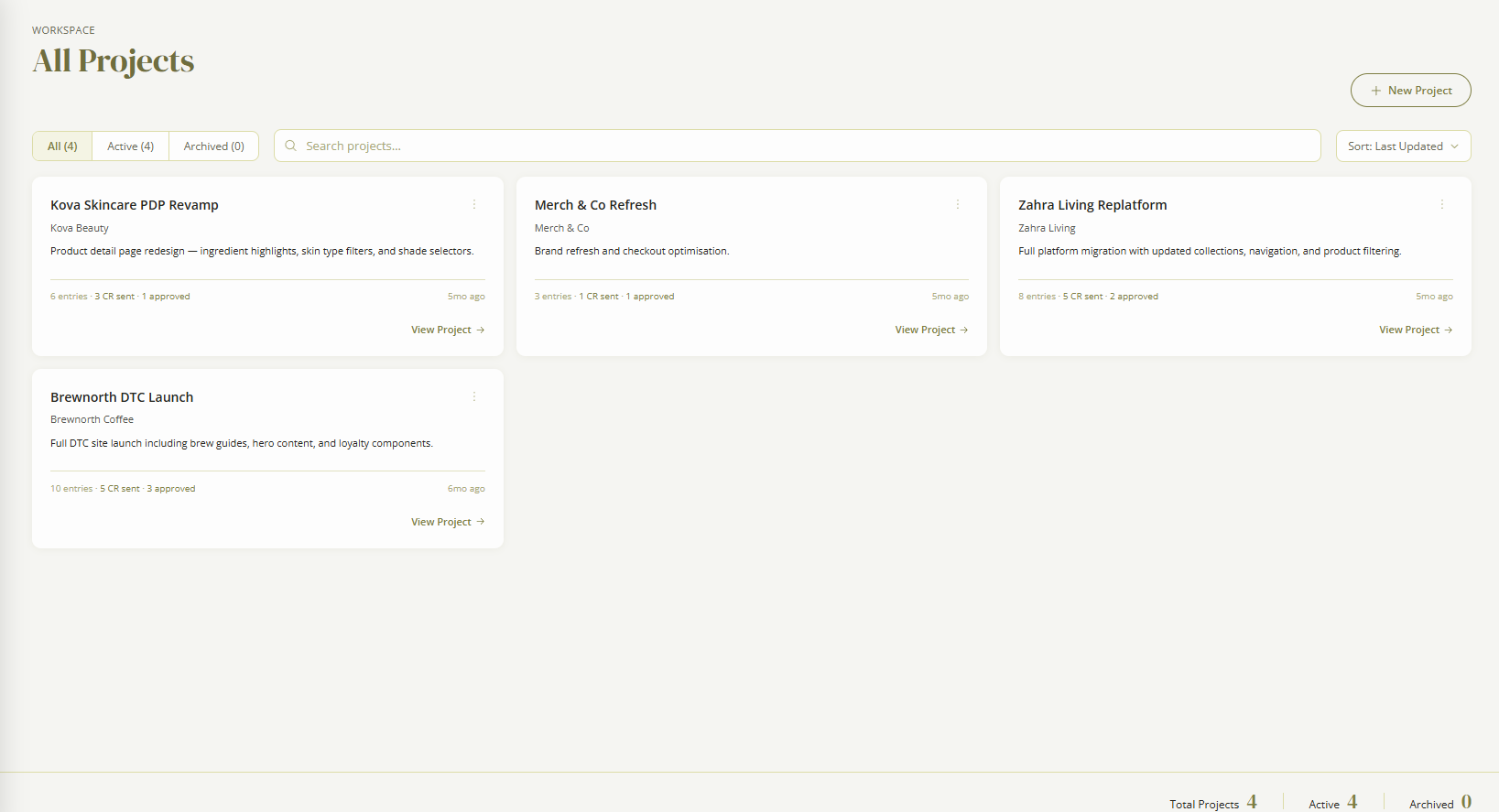 All Projects page with four project cards, filters for active and archived, and search