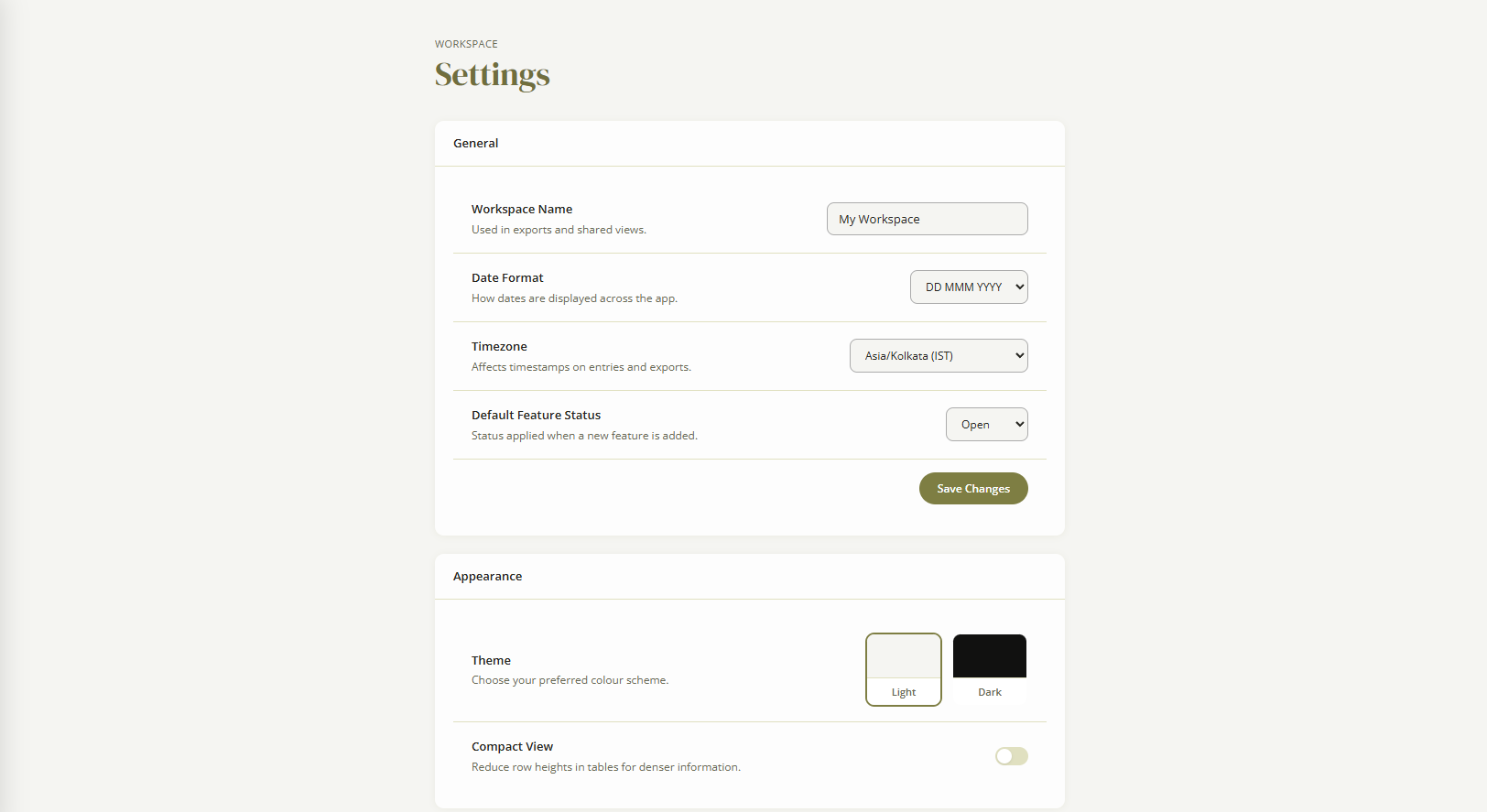 Settings page with workspace name, date format, timezone, default feature status and theme