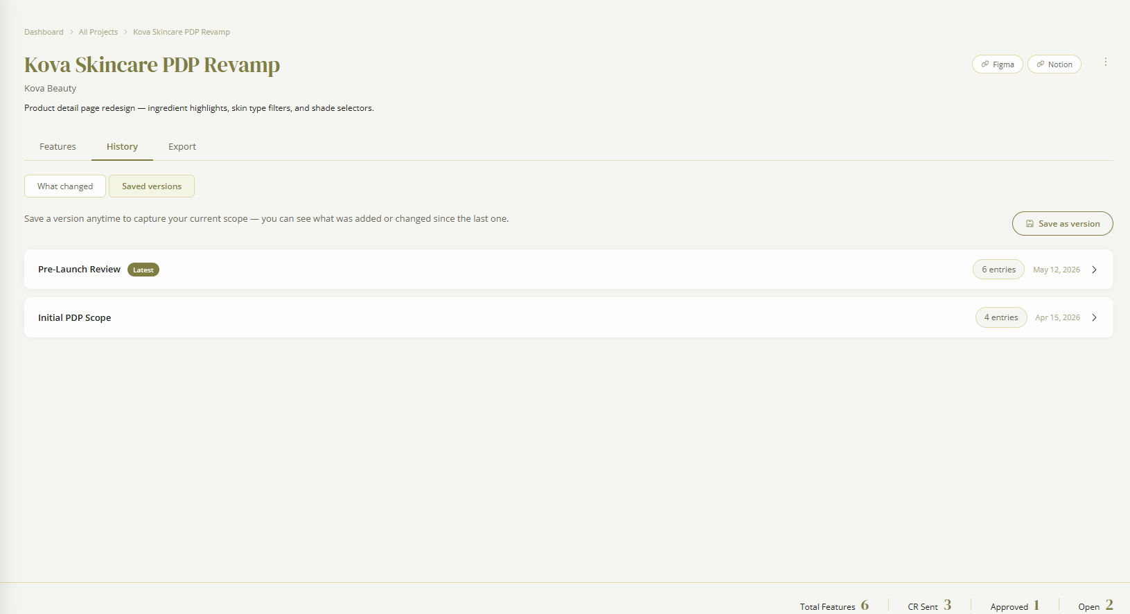 Saved versions list with Pre-Launch Review and Initial PDP Scope checkpoints